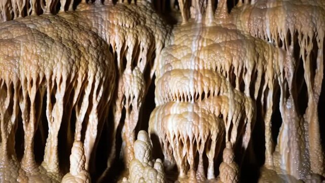 Formation of geological cave features, dripping slowly, in a dark subterranean location, for educational articles