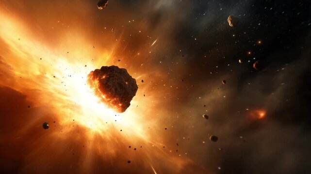 Cosmic Cataclysm: A celestial spectacle unfolds, capturing the raw power of a meteor colliding with another celestial body. The image evokes a sense of awe, wonder.