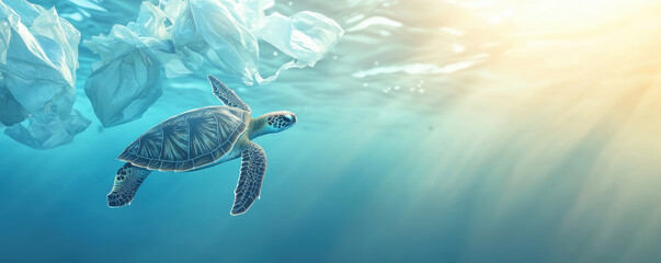 Obraz premium Vulnerable sea turtle swimming underwater in polluted ocean. Plastic waste and garbage highlight an environmental crisis