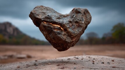 A large rock with a heart shape on it is floating in the air. The scene is set in a desert, with a cloudy sky overhead. Concept of loneliness and isolation