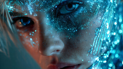 Futuristic digital interface overlayed on a person's face
