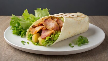 Potatoes, bacon, chicken meat, and green salad in a breakfast burrito. Generated with AI