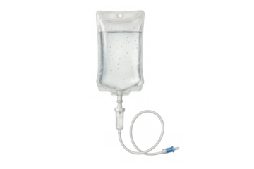 Iv solution bag with transparent liquid on a checkerboard background, useful for medical, hospital, and healthcare concepts