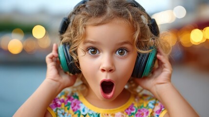 A young girl wearing headphones and making a surprised face. The girl is wearing a yellow shirt with flowers on it