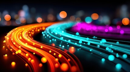 A colorful, swirling line of light with many small, glowing orbs. The orbs are in different colors, creating a vibrant and dynamic effect. Concept of energy and movement