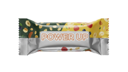 Energy bar packaging mockup with nuts and fruits labeled power up.