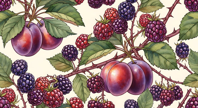 Autumn harvest seamless pattern featuring burgundy stems and deep purple berries in an elegant watercolor floral illustration