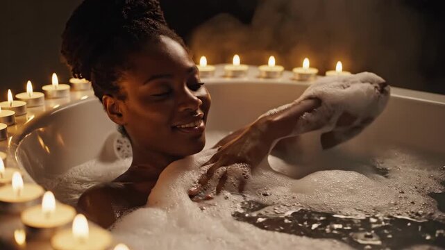 Woman relaxing in bubble bath surrounded by lit tea lights