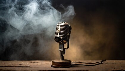An old radio microphone standing alone against a dark background with smoke. Generated with AI
