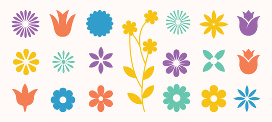 Obraz premium Set of colorful abstract flowers icon set. Retro vintage style, flower icon, flat colors. Vector illustration. 
