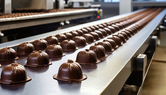 Row of chocolate factory conveyors, showcasing manufacturing automation. Generated with AI