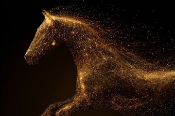 An artistic interpretation of a horse in motion created from luminous particles. The image captures the dynamic nature of the horse with a dark backdrop enhancing the glowing effect
