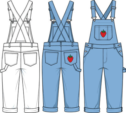 Children's denim overalls vector technical fashion sketch template, front and back view, strawberry patch detail, kids apparel illustration mockup