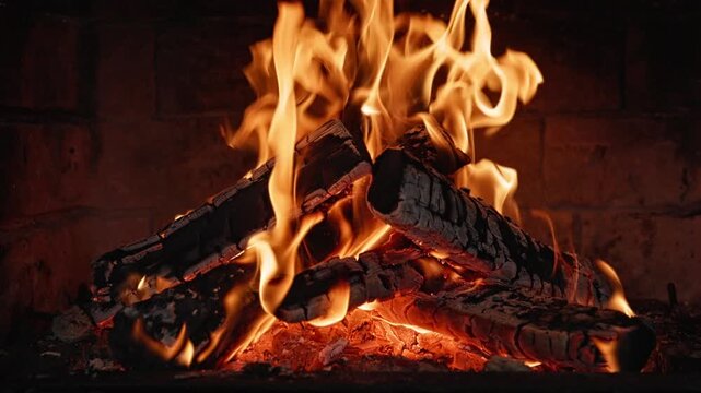 Ancient Castle Fireplace in Clay Oven , Close-up, Realistic Crackling Fire Sound