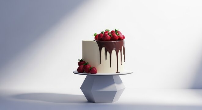 Peanut butter cheesecake a decadent white cake adorned with fresh strawberries and a rich chocolate ganache drip, presented on a modern geometric cake stand against a clean, softly lit background