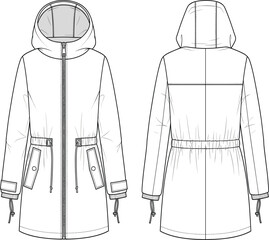 Hooded long line parka jacket vector technical fashion sketch template, drawstring waist, front and back view, outerwear apparel mockup © MdMajnur