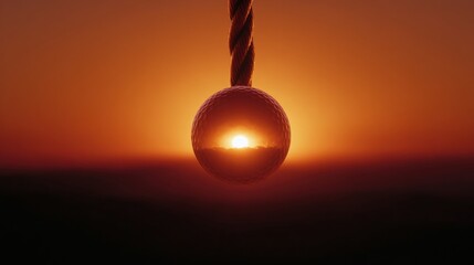 Digital illustration of a golf ball hanging from a rope. the golf ball is in the center of the image, with the sun setting in the background.