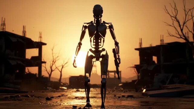 Robotic figure walks through a desolate war-torn city at sunset. Sci-fi illustration