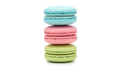 Stack of colorful macarons pastel confectionery dessert isolated on white background