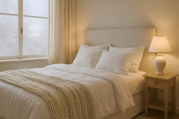 Fototapeta premium A cozy winter bedroom. A bed with snow-white linen sheets and a thick beige knitted bedspread. The headboard is upholstered in light cream fabric. Outside, the sky is pale and overcast.