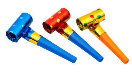 Three party blowers in blue red and gold with polka dots isolated on a transparent background noisemaker