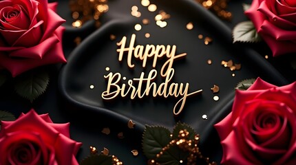 Happy Birthday roses with dark black silk background