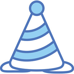 Blue and white striped party hat with a light blue pom pom on top isolated on a transparent background