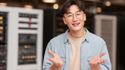 A young smiling man inside a server area — a friendly portrait of an IT, tech professional.