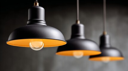 Obraz premium Three black and yellow lighted lamps are hanging from the ceiling. The lamps are lit up and the yellow light is shining through the black shade. The lamps are positioned at different heights