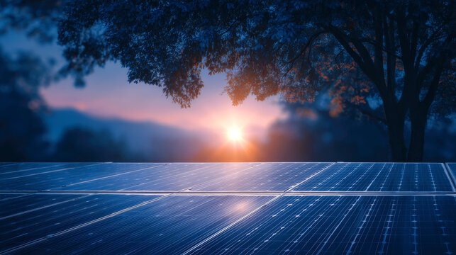 Solar panel array sunset tree canopy low angle reflection sustainable energy dawn calm