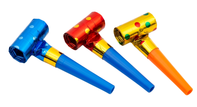 Three party blowers in blue red and gold with polka dots isolated on a transparent background noisemaker