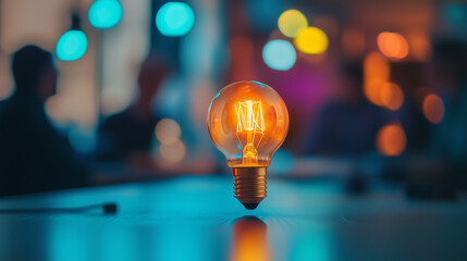 Team Collaboration Inspiration: Lit Edison Bulb in Brainstorming Meeting with Bokeh Background, Creative Concept of Idea Generation