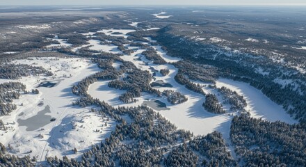Obraz premium Expansive aerial view captures a vast, snow-covered wilderness landscape threaded with frozen waterways and evergreen forests