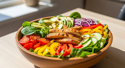 Vibrant and healthy chicken salad bursting with fresh vegetables and creamy avocado, served in a rustic wooden bowl.