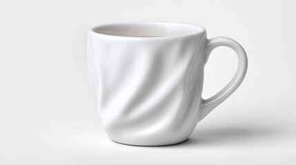 A white cup with a white handle and a white sleeve sits on a white background. The cup appears to be made of ceramic and has a unique design, with a white sleeve that resembles a piece of cloth