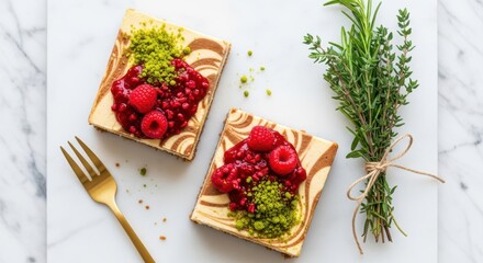 Peanut butter cheesecake two elegant slices of cheesecake with a marbled pattern, topped with fresh raspberries, pistachios, and a berry compote, served on a white marble surface with a golden fork