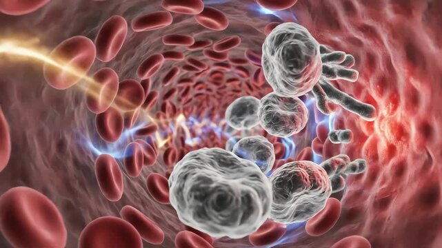 Immune system response after acupuncture, camera inside bloodstream showing white blood cells moving efficiently toward inflammation sites