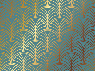 高級感のあるアールデコ模様の背景　ターコイズ＆ゴールド