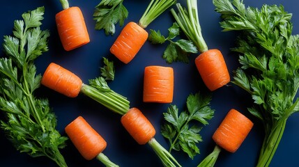 A bunch of carrots and green vegetables are arranged in a pattern. The carrots are cut in half and the green vegetables are fresh and crisp. Concept of health and wellness