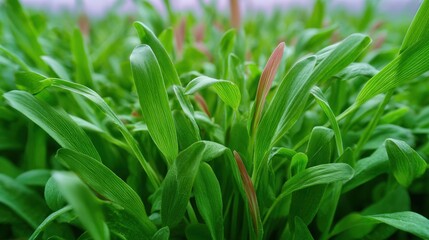 Obraz premium Close-up of a group of green leaves. the leaves are long and slender, with a pointed tip at the top. they are arranged in a cluster, with some overlapping each other.