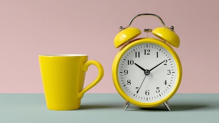 A yellow coffee cup sits next to a yellow alarm clock. The clock reads 7:30. Concept of urgency and the importance of time management