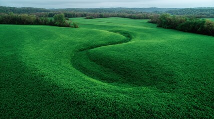 Vast green field with a winding path in the center. the field is surrounded by trees on both sides, and in the background, there are more trees and hills.