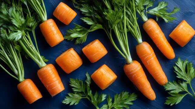 A bunch of carrots and green leaves are on a blue surface. The carrots are cut in half and arranged in a row