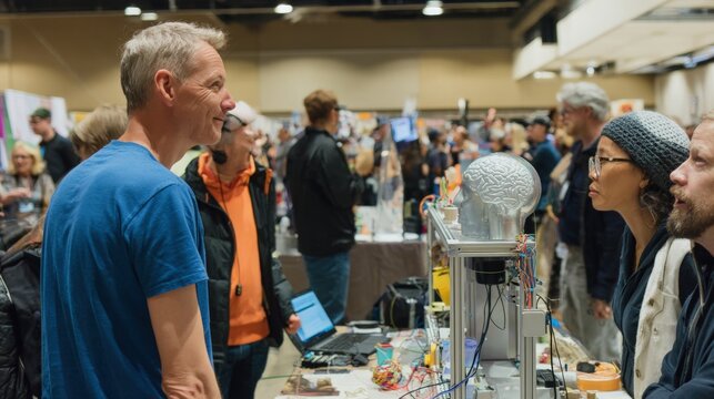 Group of people gathered around a table with a 3d printed model of a human head on it. the model is made up of various components such as wires, cables, and a laptop.
