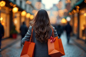 Woman walks through festive street, carrying orange shopping bags under warm lights and red lanterns.