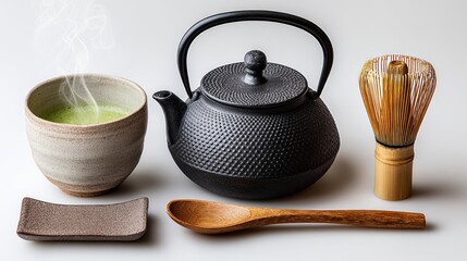 A black tea kettle sits on a table next to a white bowl and a wooden spoon. Concept of calm and relaxation, as the tea kettle