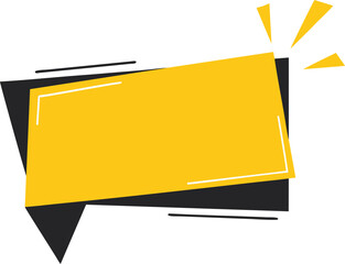 A bright yellow geometric shape with a black shadow, suggesting a speech bubble or a promotional banner.