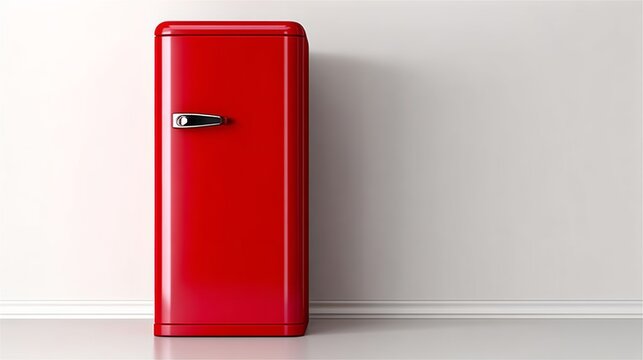 A red refrigerator is standing in front of a white wall. The refrigerator is the only object in the image