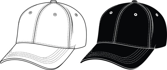 Classic six-panel baseball cap vector technical sketch, outline and silhouette front view, sport headwear apparel mockup template