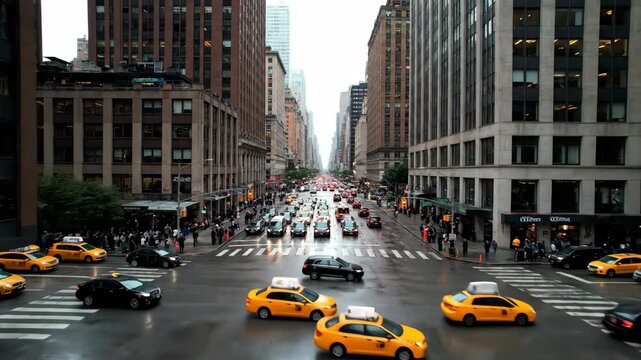 A rainy street scene in a bustling city. Yellow cabs and cars navigate through the wet streets, with tall buildings lining the road. People are seen on sidewalks
